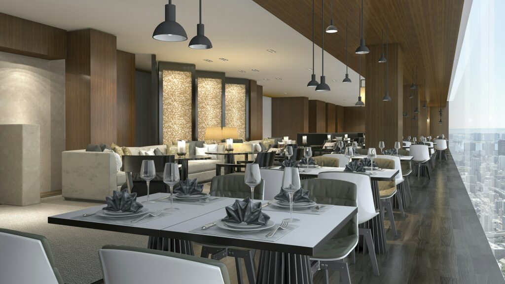 3d rendering luxury hotel reception and lounge restaurant